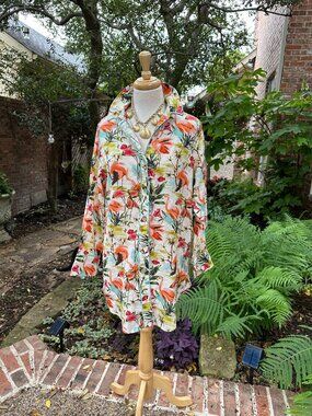 The Lazy Poet Sissy Caribbean Flamingos Linen Shirt Dress Agoya Shell Buttons SM